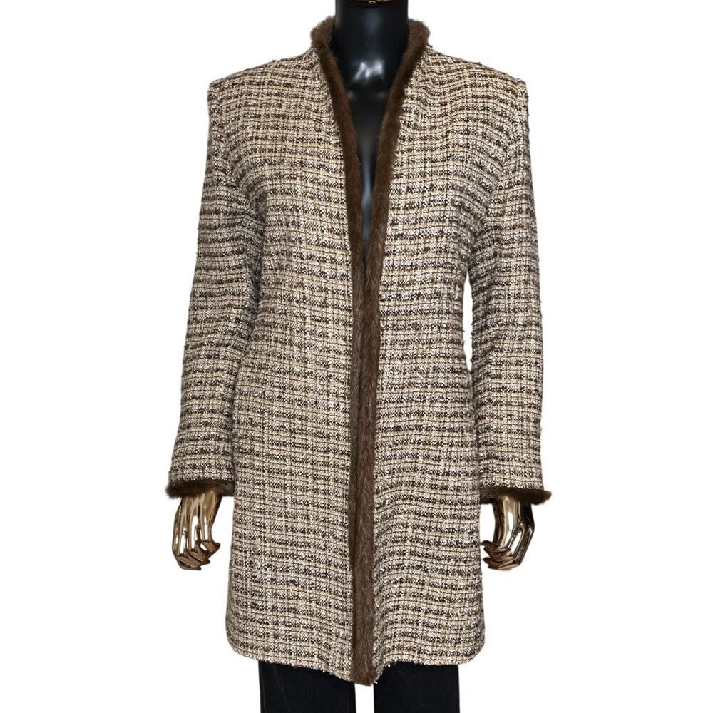 Designs by Seymour Tweed Bouclé Coat Fur Trim Brown Size 4 Vintage